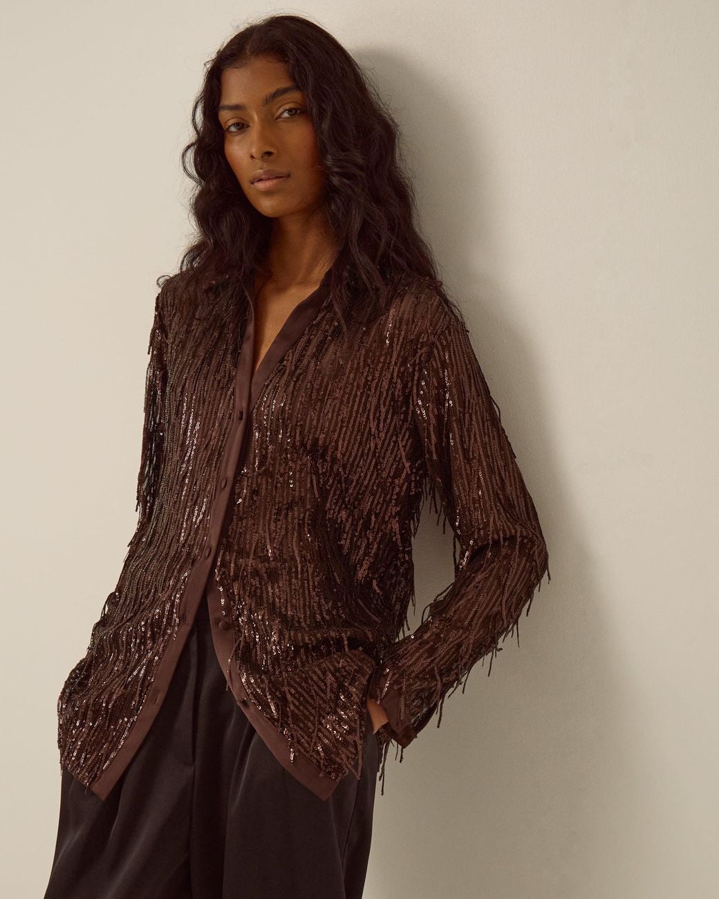 Monsoon Shelby Sequin Fringe Satin Shirt Brown