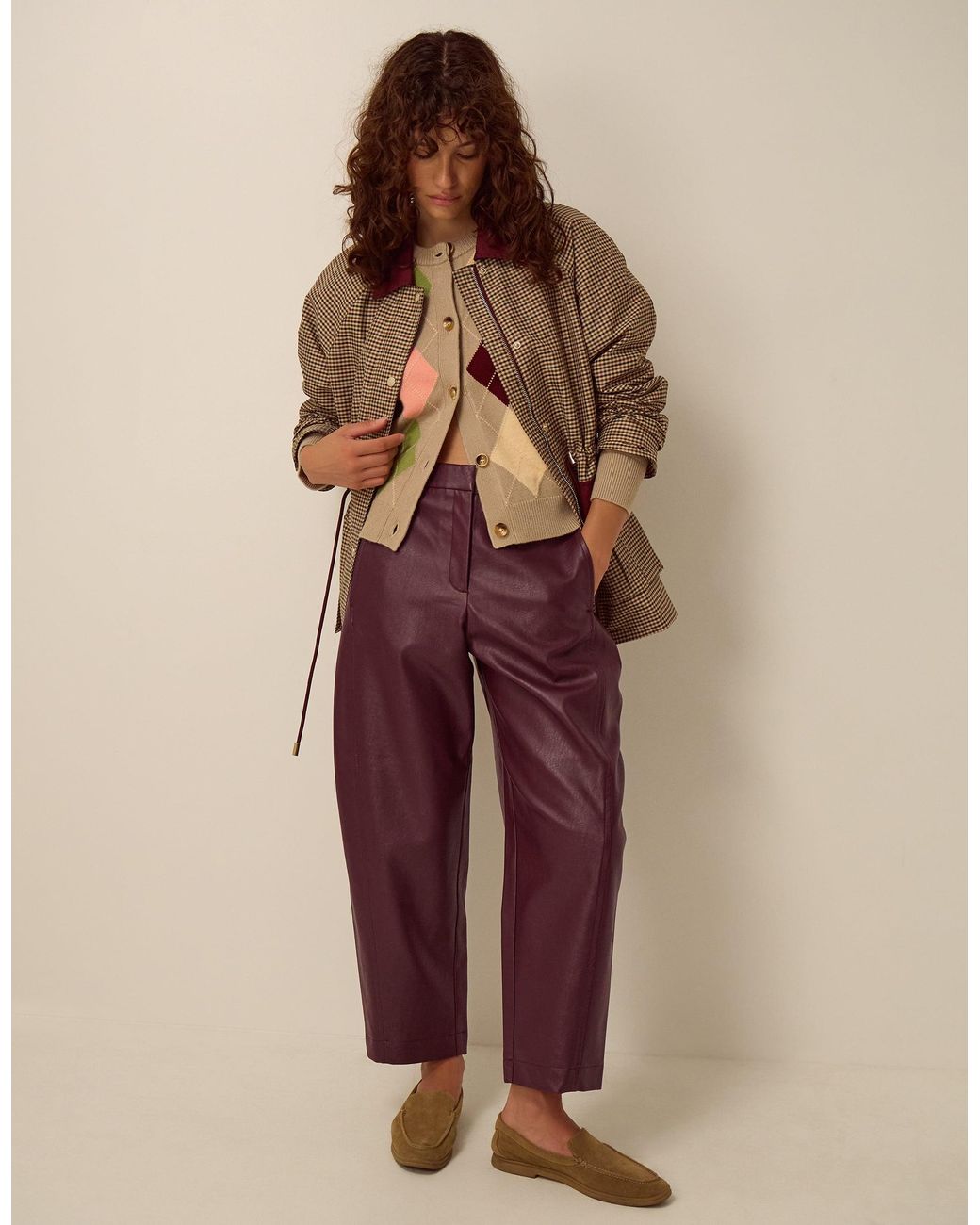 Monsoon Brown Tara Faux Leather Barrel Trousers Red