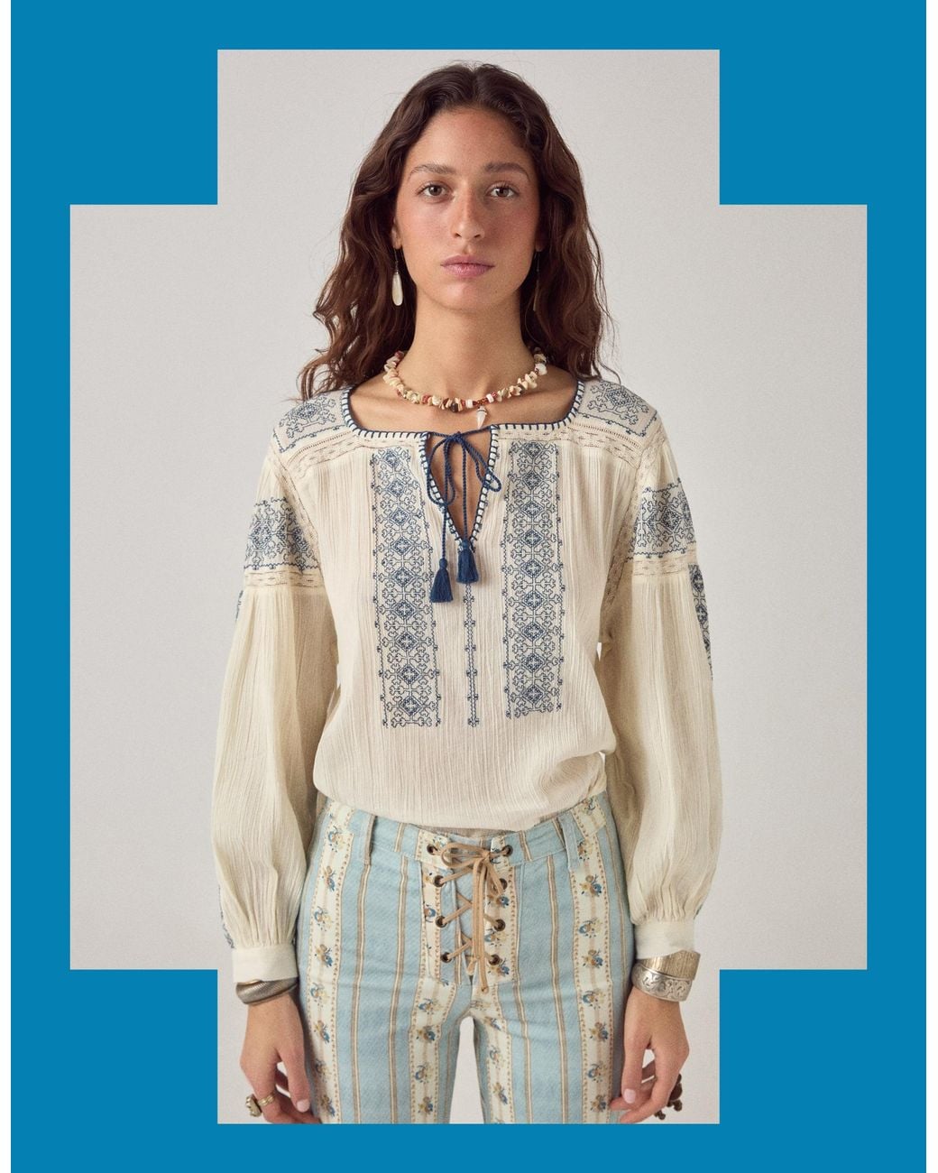 Monsoon White Maison Hotel Claudia Embroidered Blouse Blue