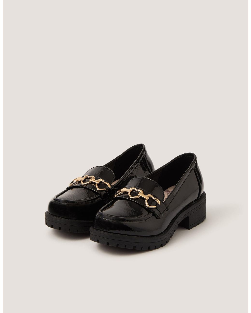 Monsoon Girls Black Heart Detail Patent Loafer School Shoes, Size: 10