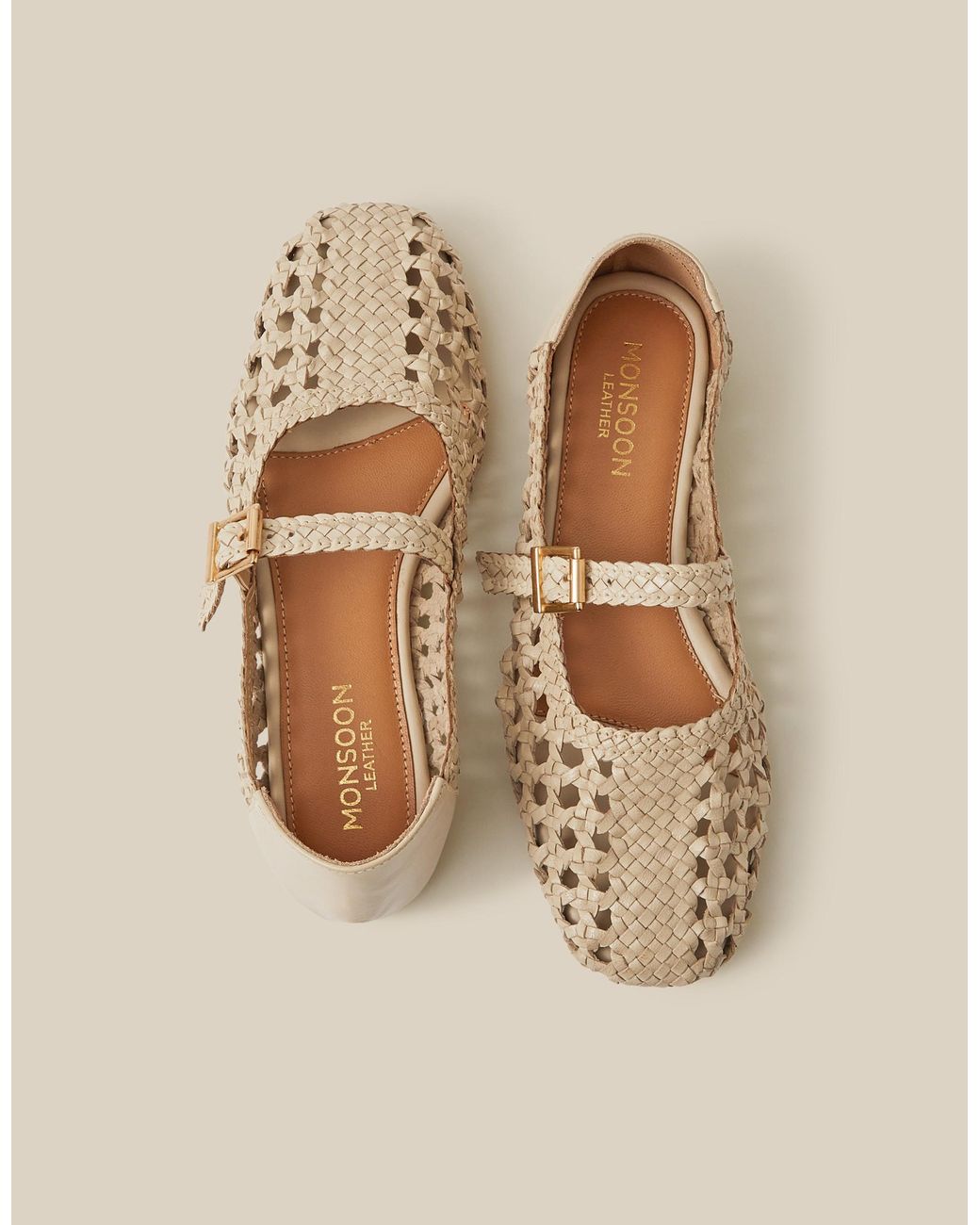 Monsoon Natural Women's Cream Leather Woven Bessy Mary Jane Ballet Flats, Size: 42
