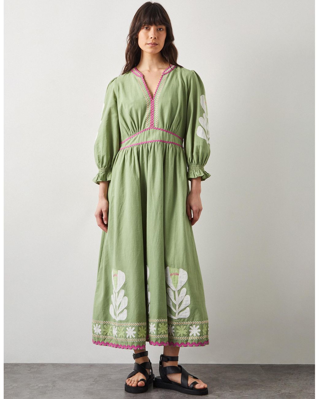 Monsoon East Valeria Appliqué Midi Dress Green