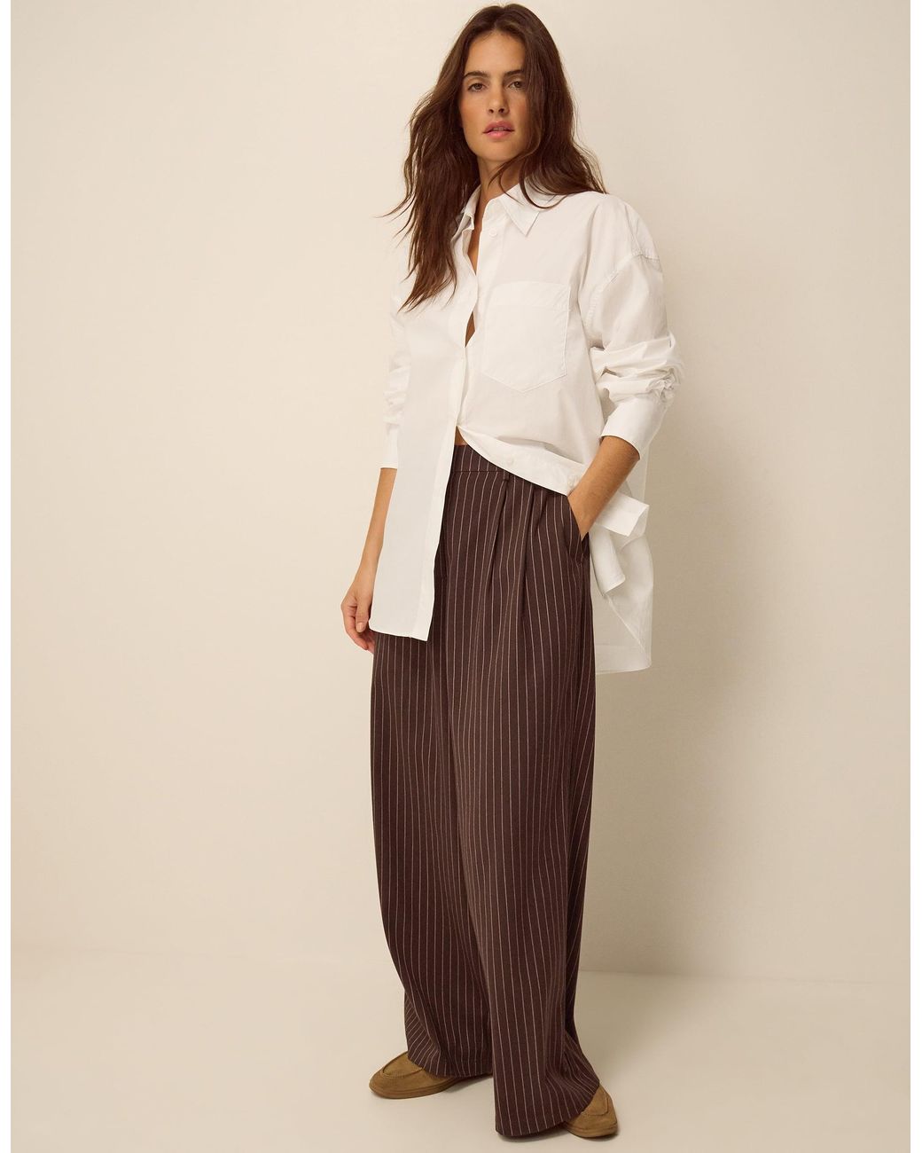 Monsoon Natural Jen Pinstripe Wide Leg Trousers Brown