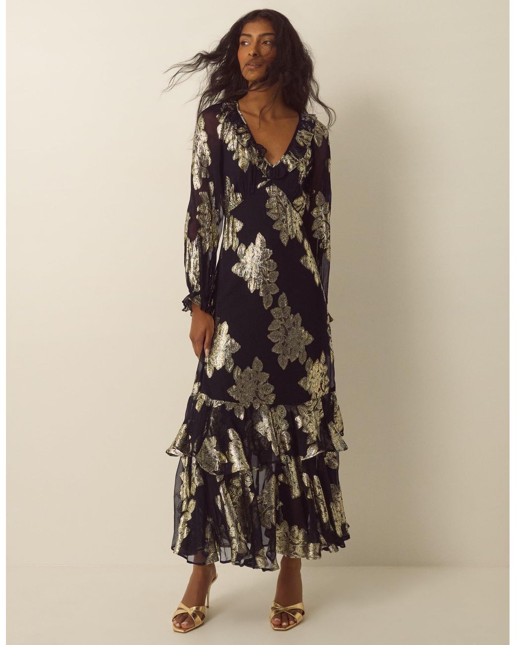 Monsoon Natural Rowena V-neck Ruffle Metallic Jacquard Midi Dress Black