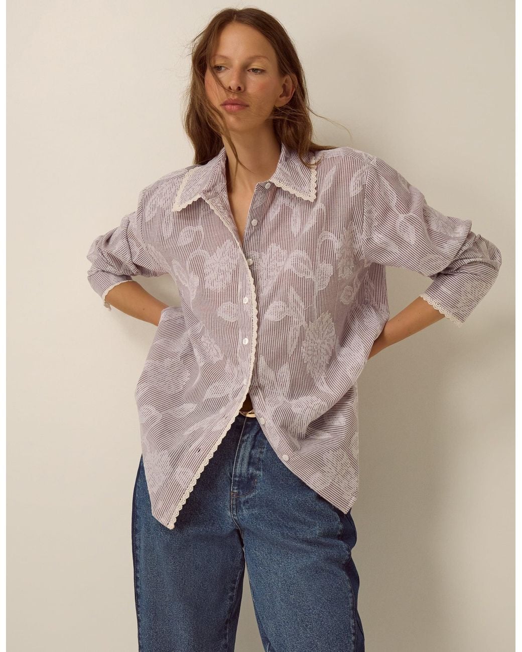Monsoon Natural Ariella Jacquard Stripe Shirt Brown