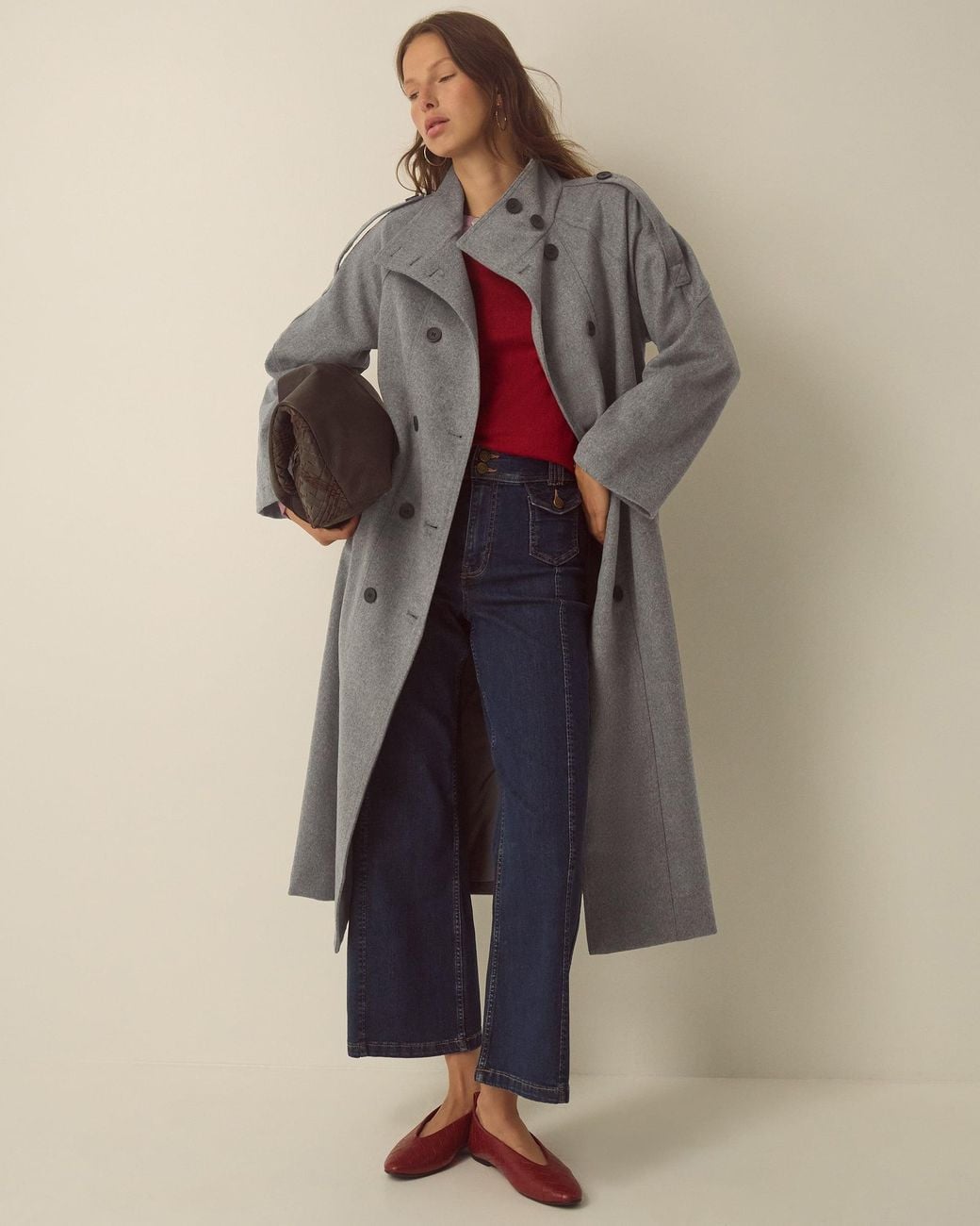 Monsoon Gray Elise Funnel Neck Wool Blend Coat Grey