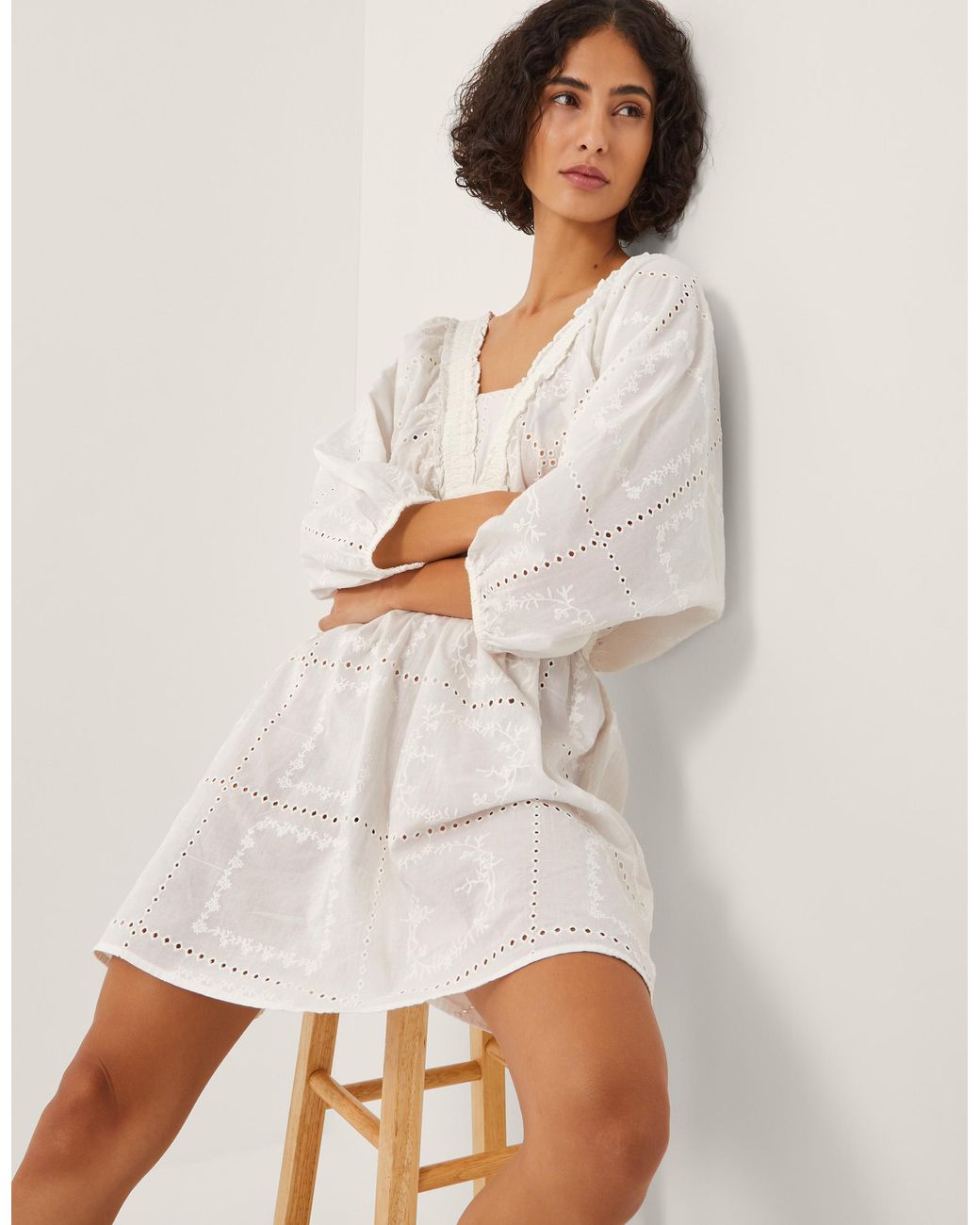 Monsoon Nova Broderie Back Tie Mini Dress White