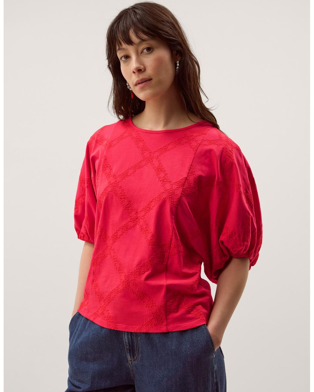 Monsoon Ellie Puff Sleeve Embroidered Jersey Top Red