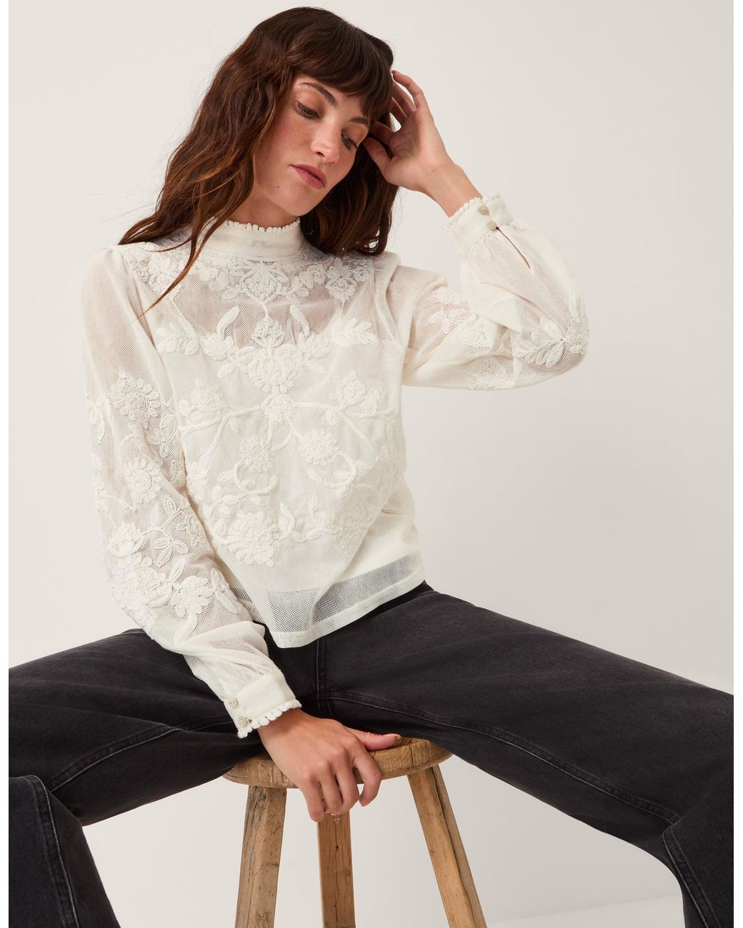 Monsoon White Leni High Neck Mesh Blouse