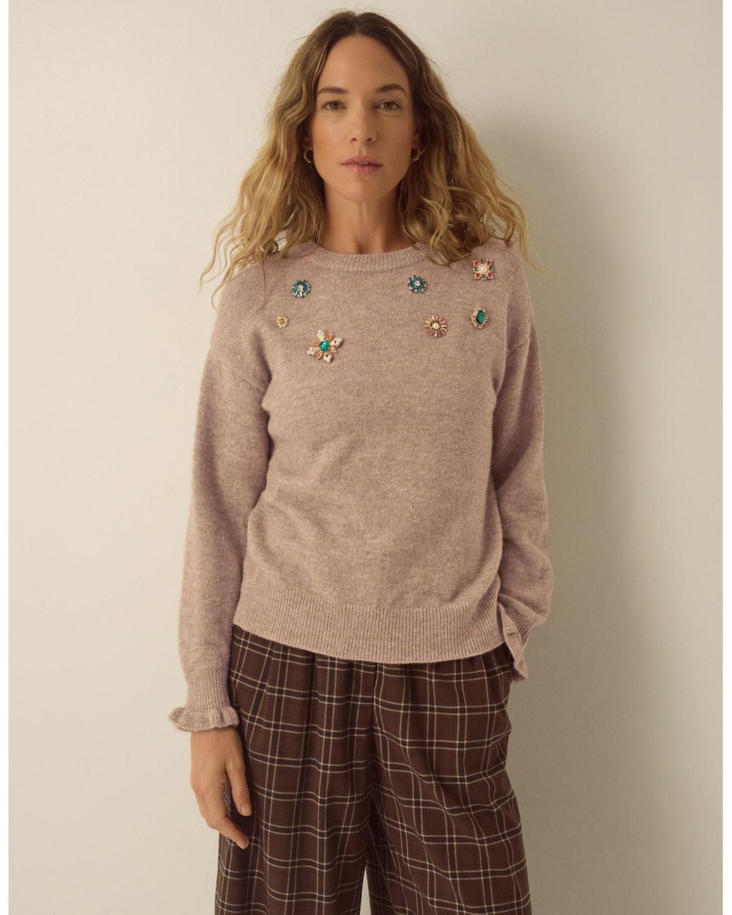 Monsoon Brown Britt Brooch Crew Neck Jumper Mink