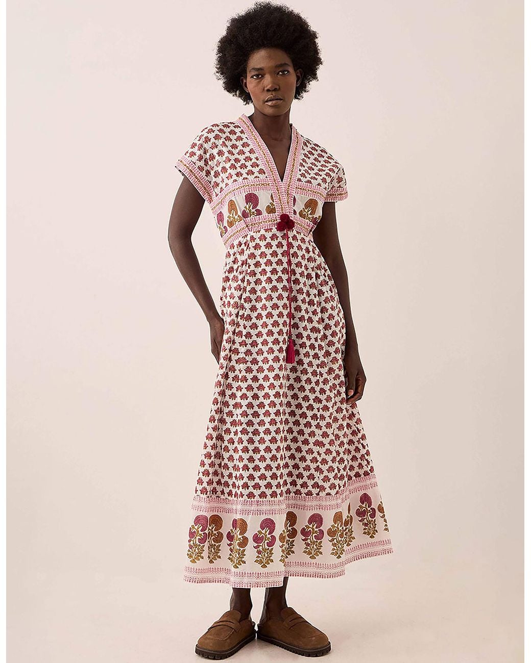 Monsoon East Karmen Hand Woodblock Cotton Dress Pink