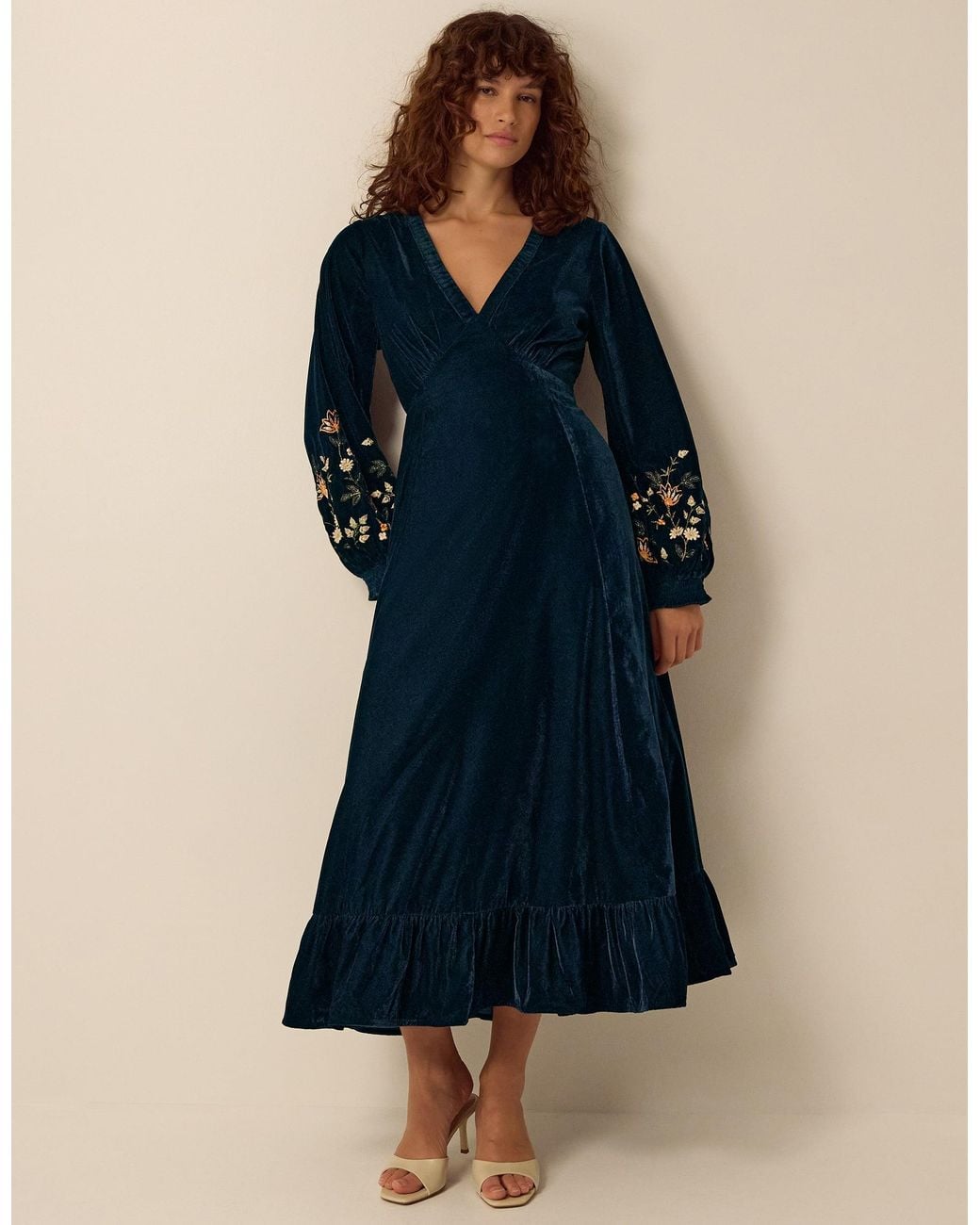 Monsoon Blue Clemence Constance V-neck Floral Embroidered Velvet Midi Dress Teal
