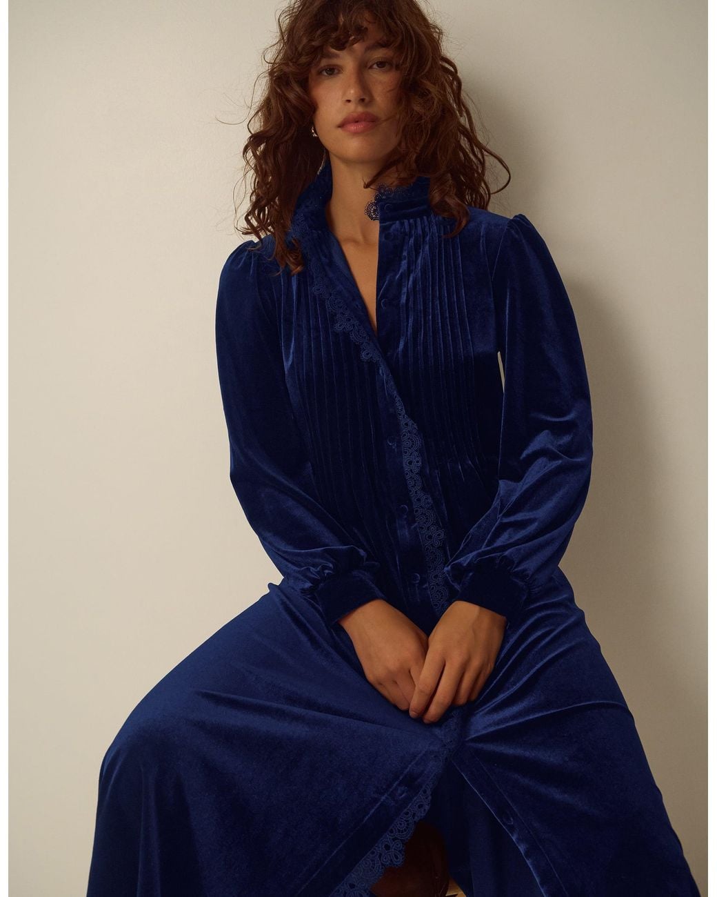 Monsoon Pip Pinktuck Velvet Midi Dress Blue