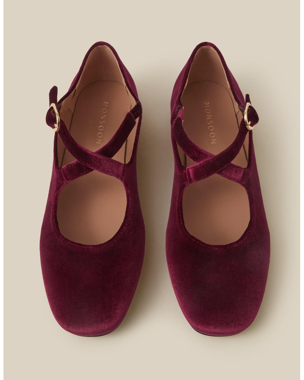 Monsoon Red Women's Burgundy Dana Velvet Mary Jane Ballet Flats, Size: 38