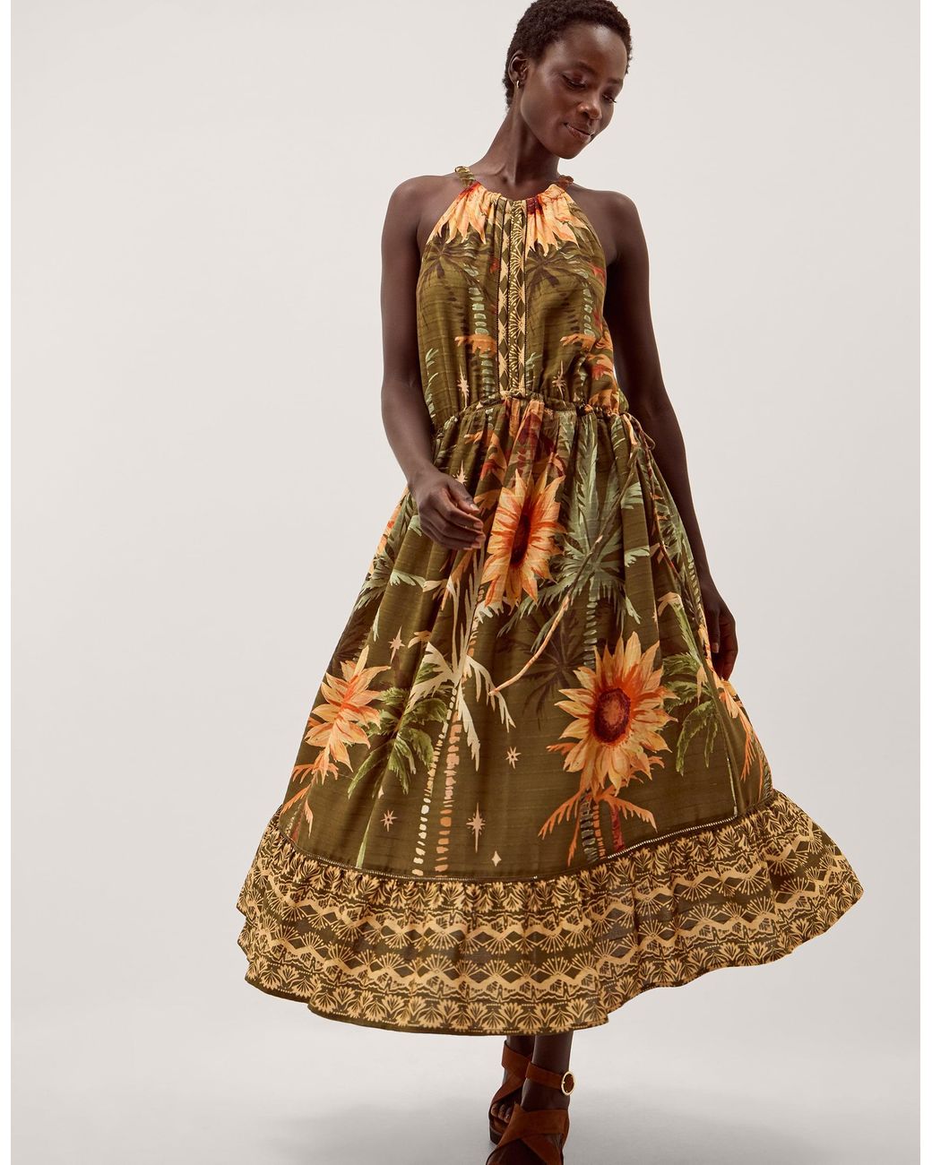 Monsoon Fallon Sleeveless Tropical Print Midi Dress Green