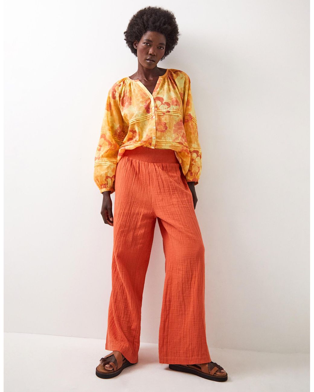 Monsoon East Stephanie Crinkled Cotton Trousers Orange