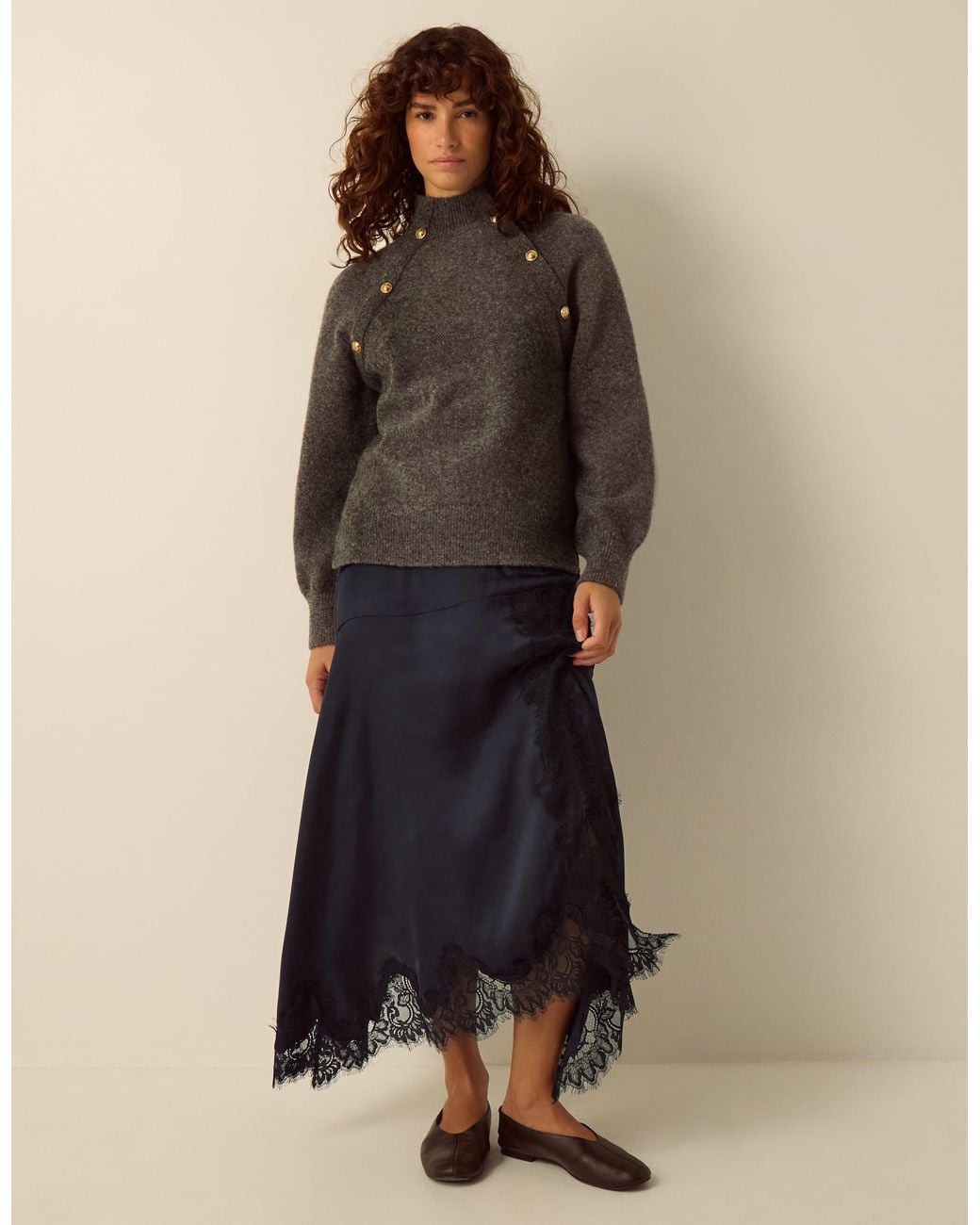 Monsoon Shelby Satin Lace Maxi Skirt Blue