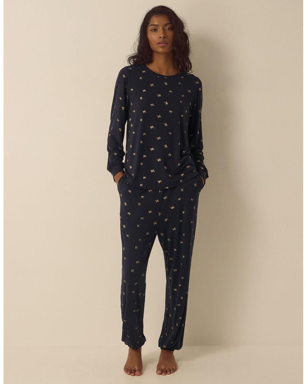 Monsoon Betsy Foil Bow Jersey Long Pyjamas Set Blue