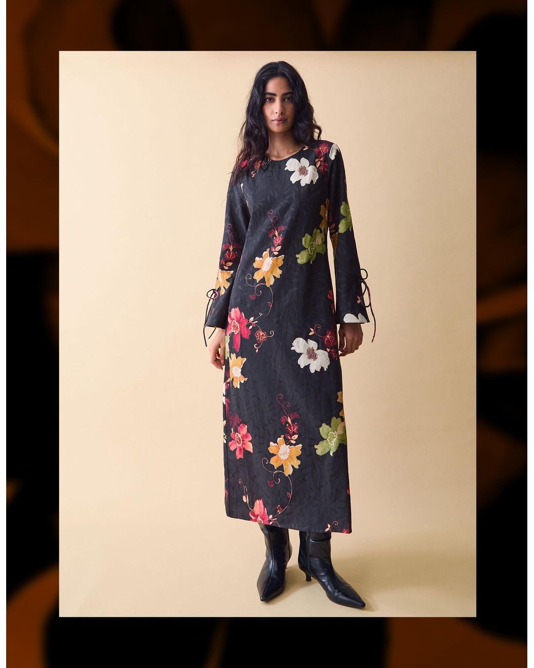 Monsoon Blue Clemence Women's Black & Pink Cotton Floral Print Camille Jacquard Midi Dress, Size: S