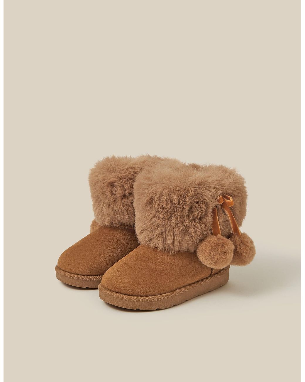 Monsoon Natural Toddler Fluffy Pom Ankle Boots Tan