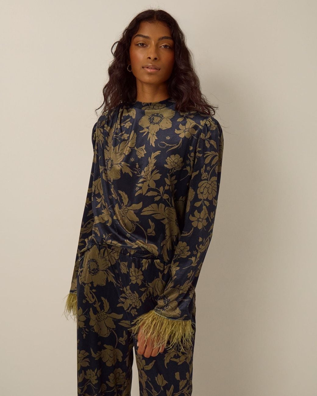 Monsoon Brown Princella Faux Feather Sleeve Floral Velvet Top Blue