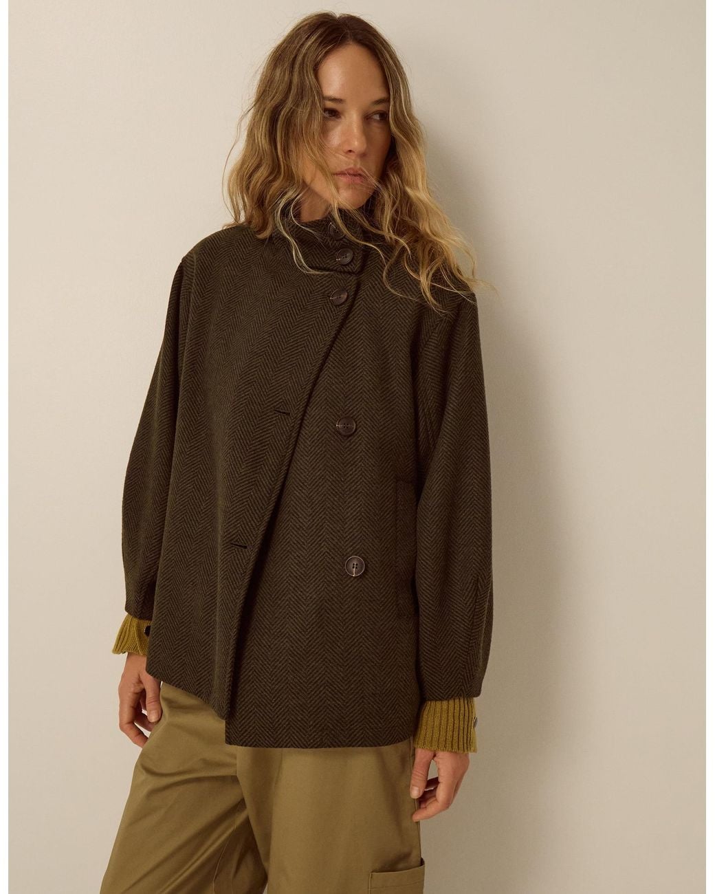 Monsoon Brown Pip Funnel Neck Herringbone Coat Green