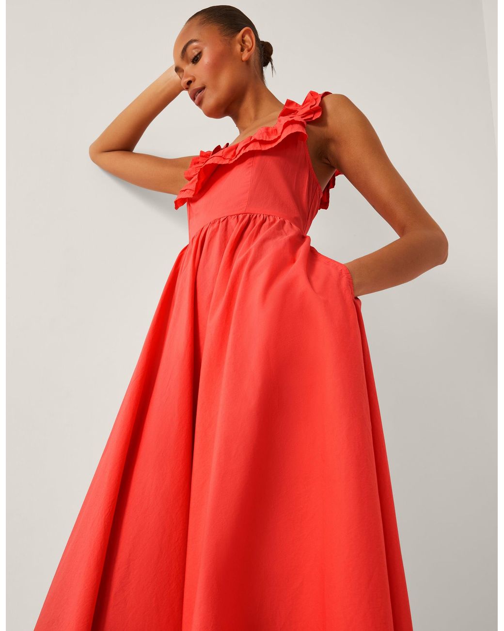 Monsoon Red Maria Sleeveless Ruffle Midi Dress Orange
