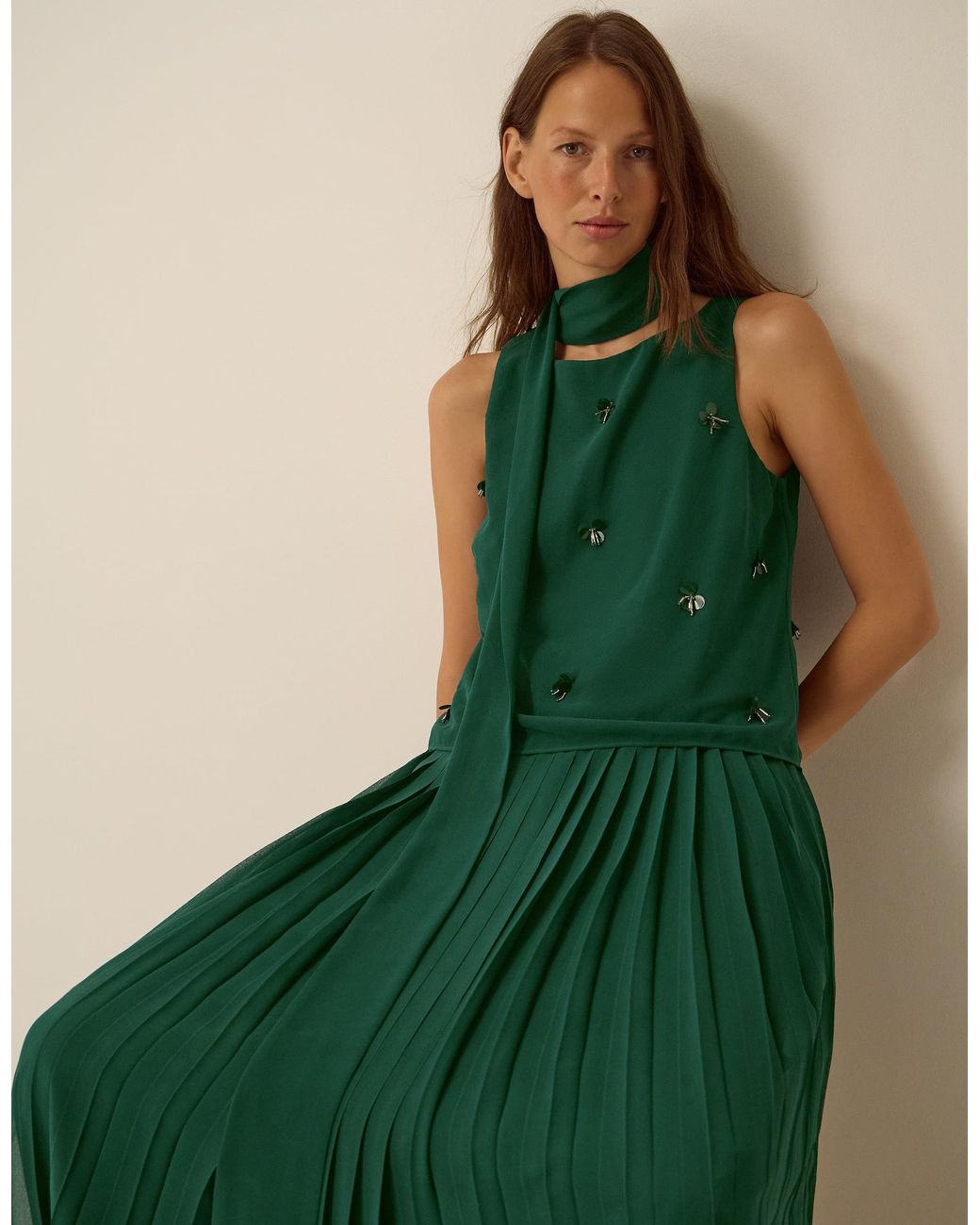 Monsoon Women's Dark Green Embellished Eva Maxi Dress & Scarf, Size: 8