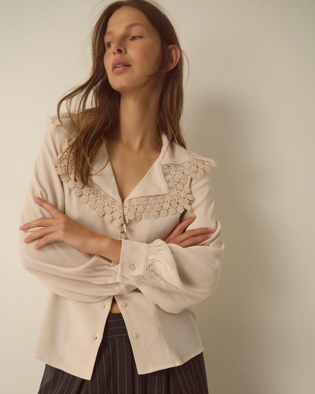 Monsoon Natural Ava V-neck Lace Collar Blouse Cream