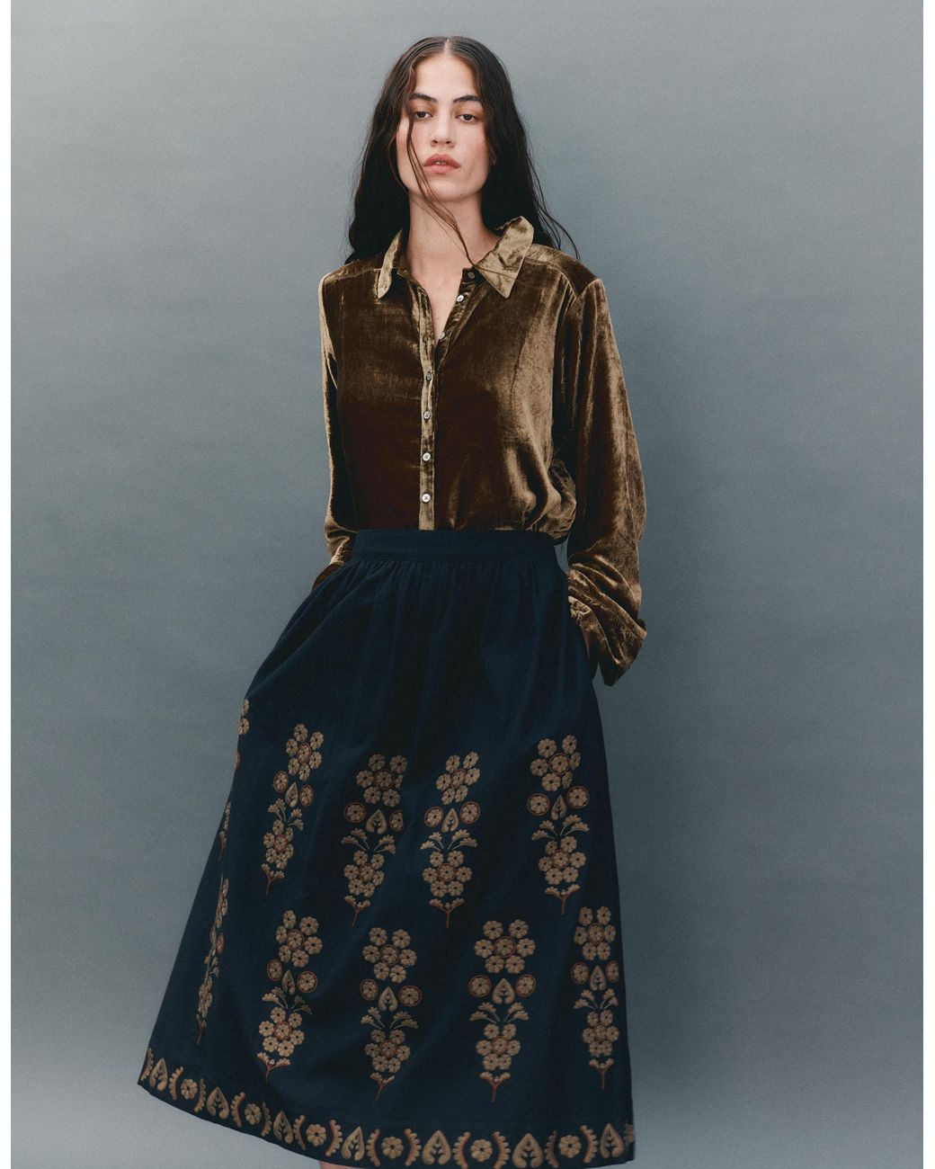 Monsoon Gray East Sophia Floral Embroidered Midi Skirt Blue