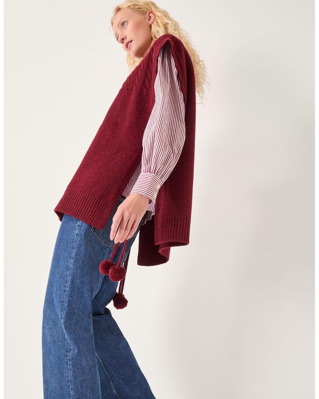 Monsoon Coco Sleeveless Cable Knit Poncho Red