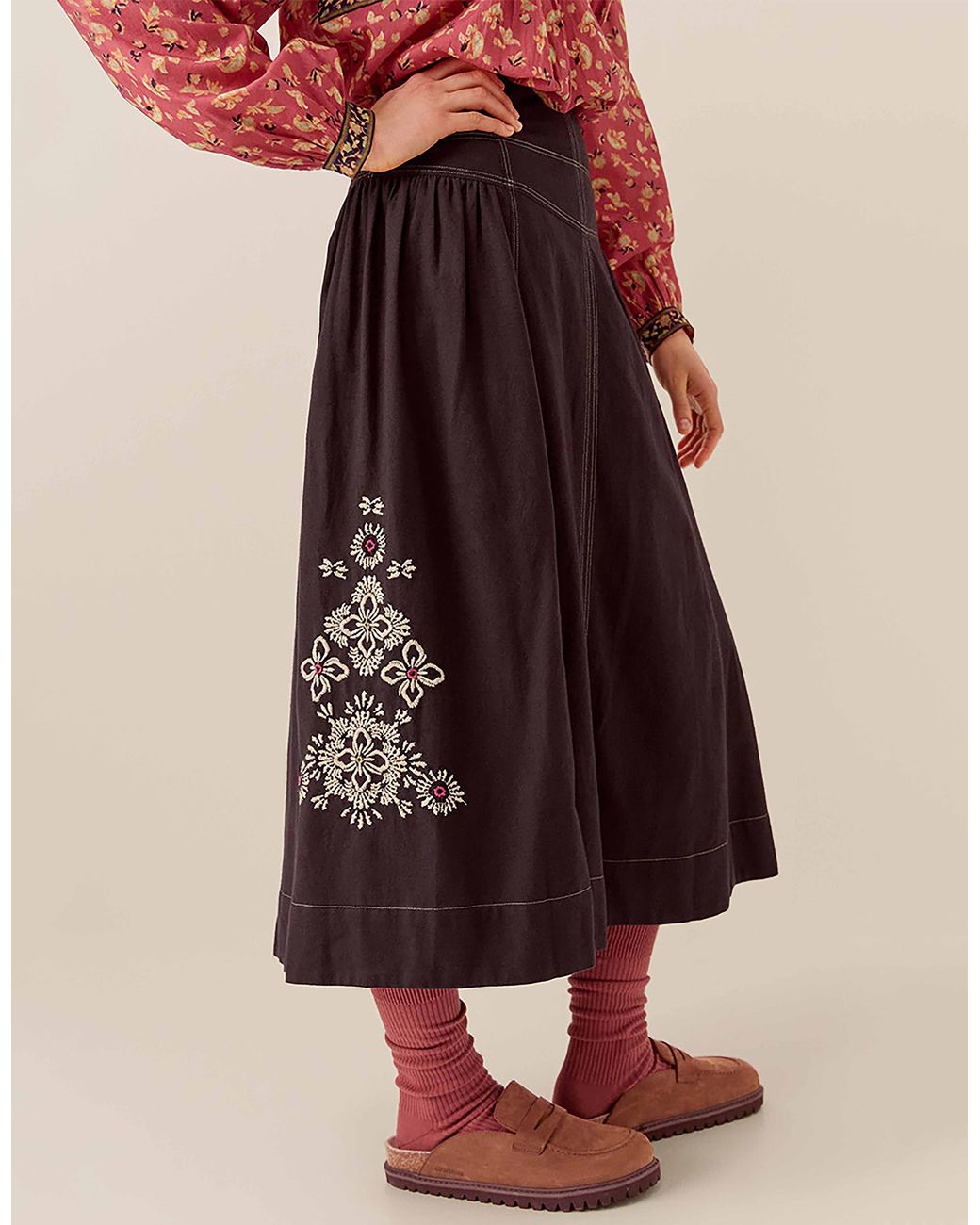 Monsoon East Cora Floral Embroidered Cotton Twill Skirt Blue