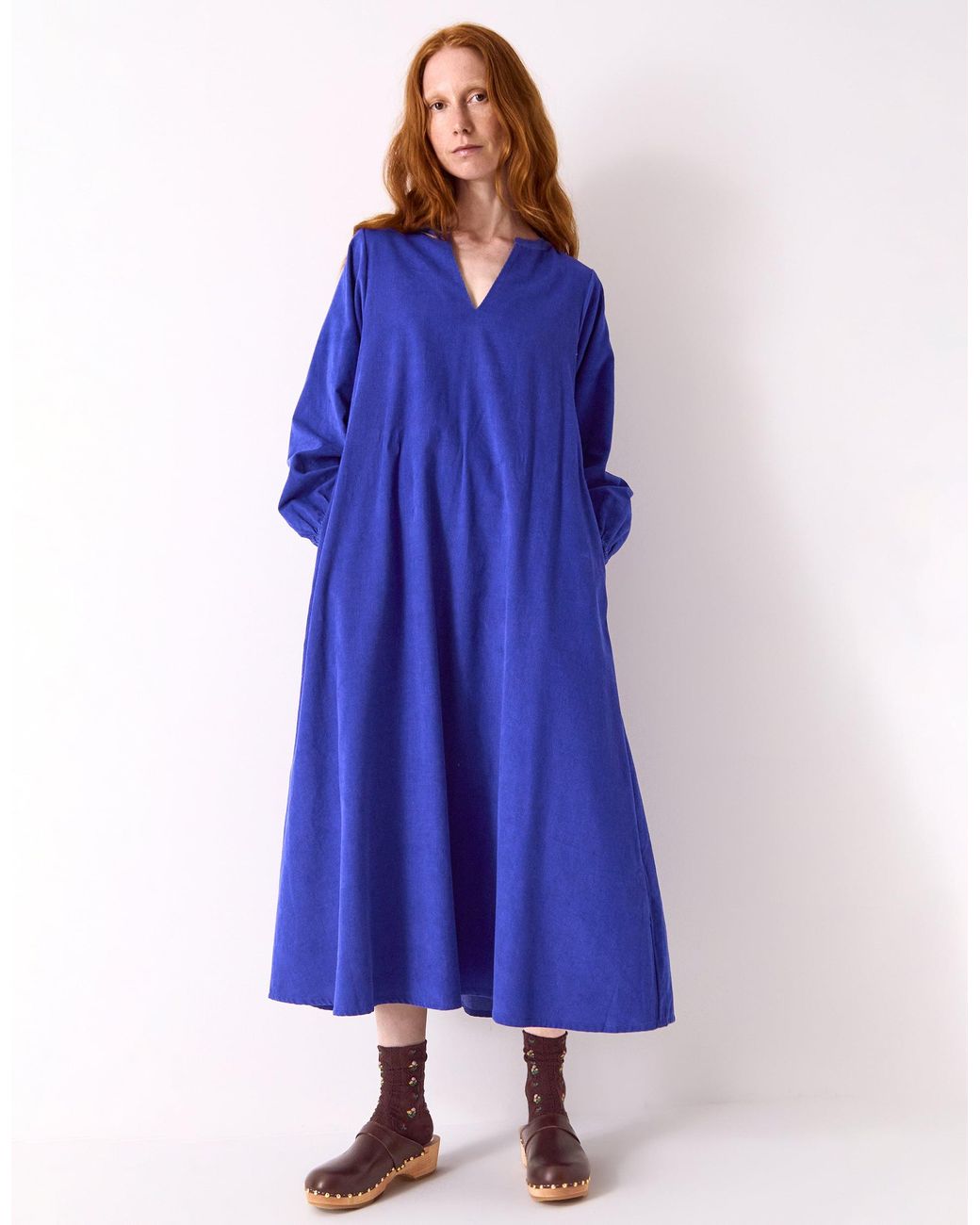 Monsoon East Mahi Tie Corduroy Midi Dress Blue