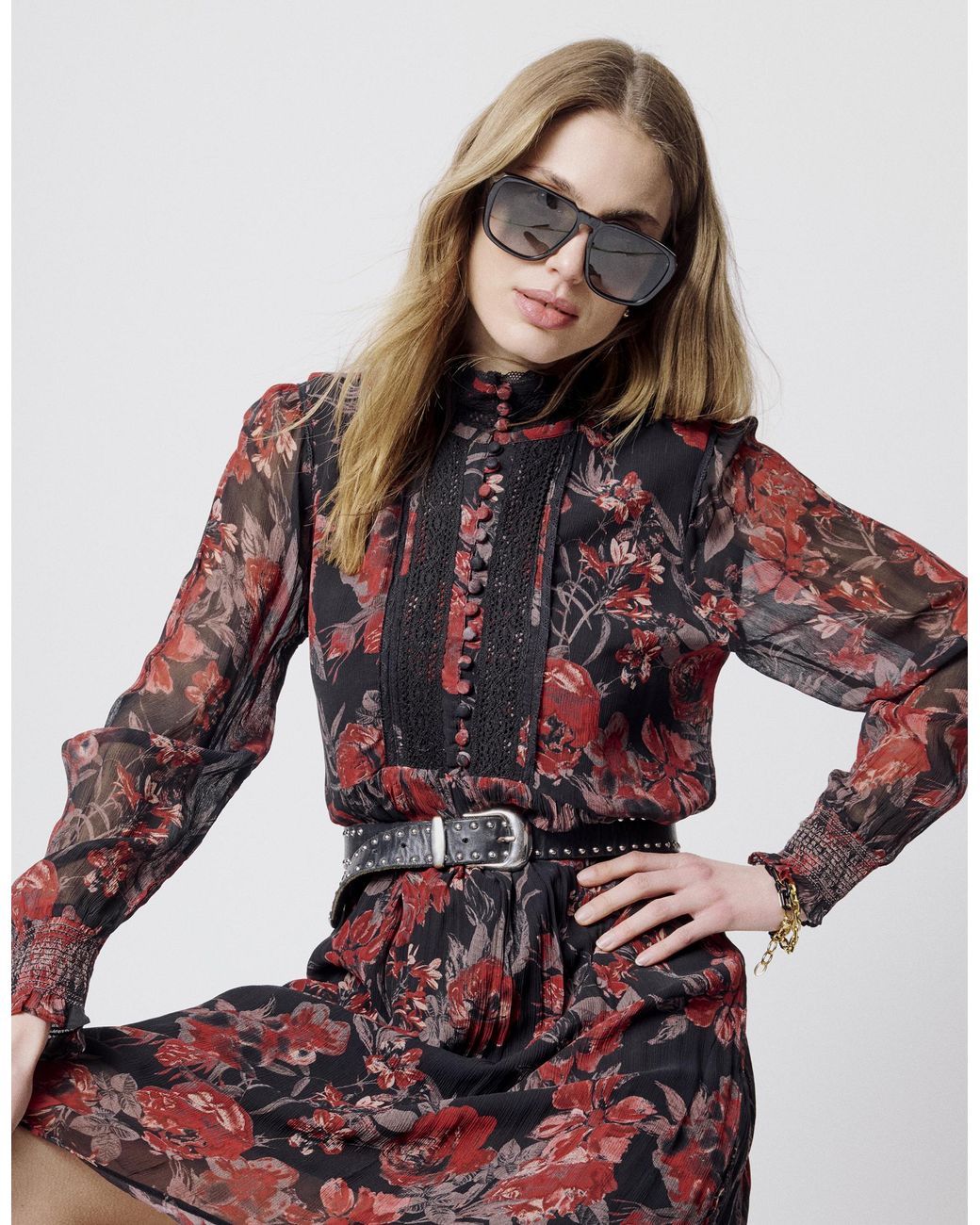 Monsoon Red Moliin Queen Floral Print Mini Dress Black