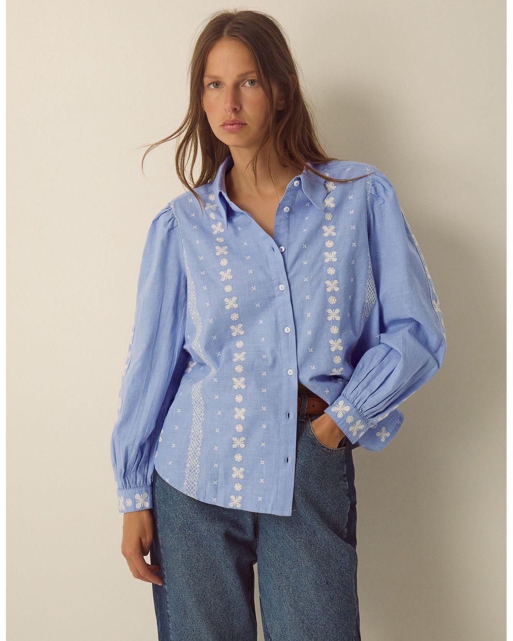 Monsoon Felicity Long Sleeve Embroidered Cotton Shirt Blue