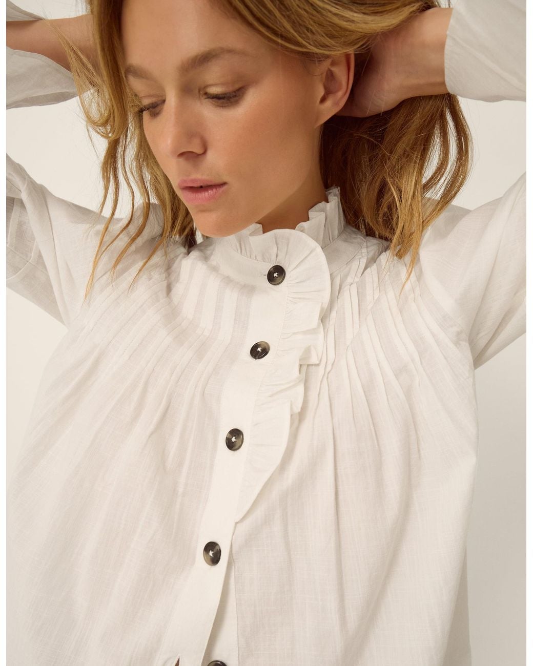 Monsoon Natural Teresa Frill Pintuck Shirt White