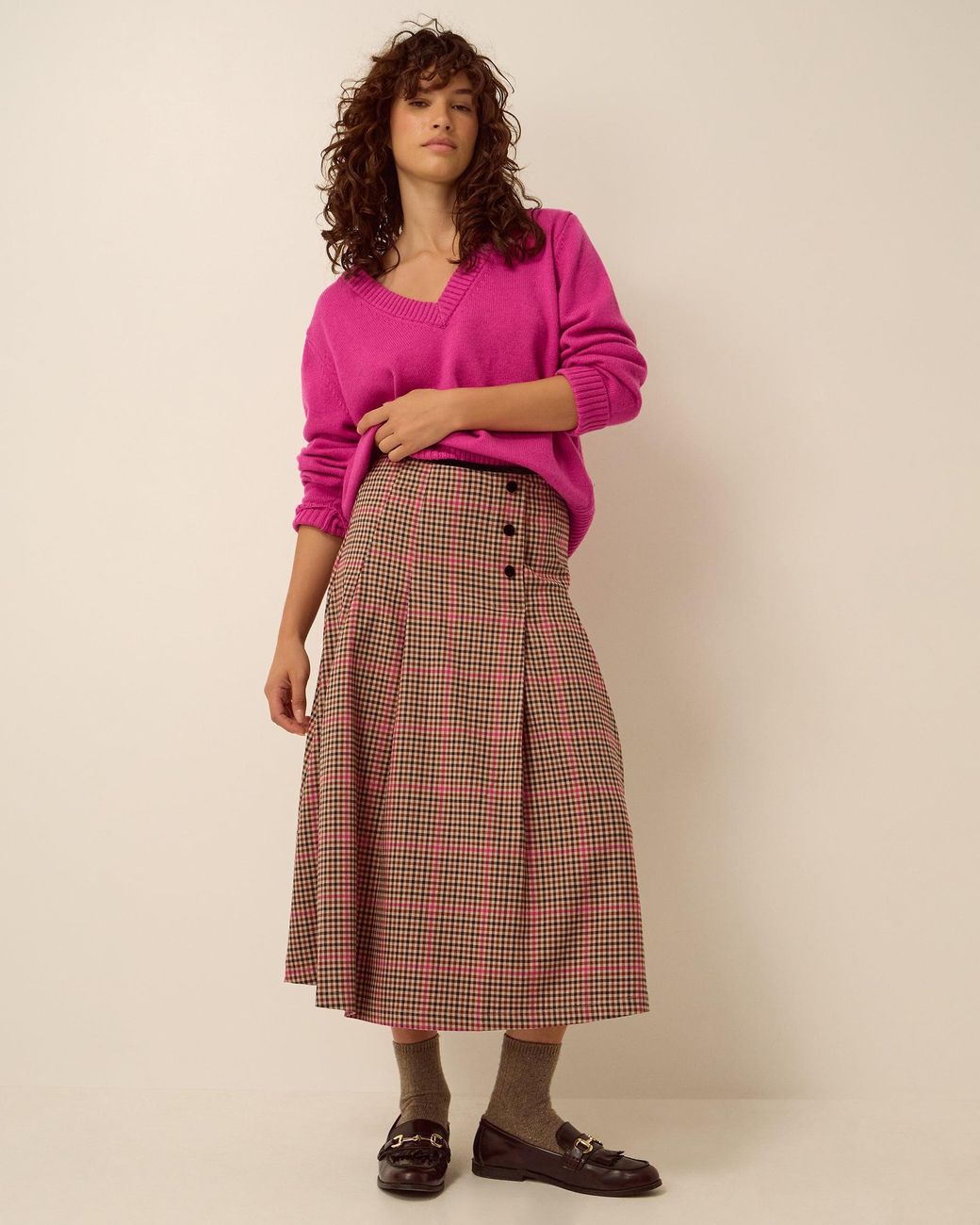 Monsoon Pink Shelly Check Midi Skirt Natural
