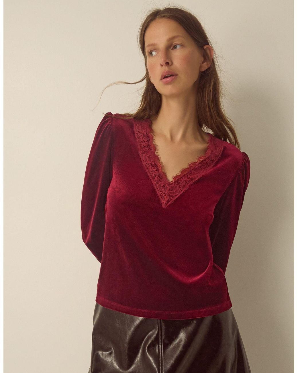 Monsoon Lexi Lace Trim Velvet Top Red