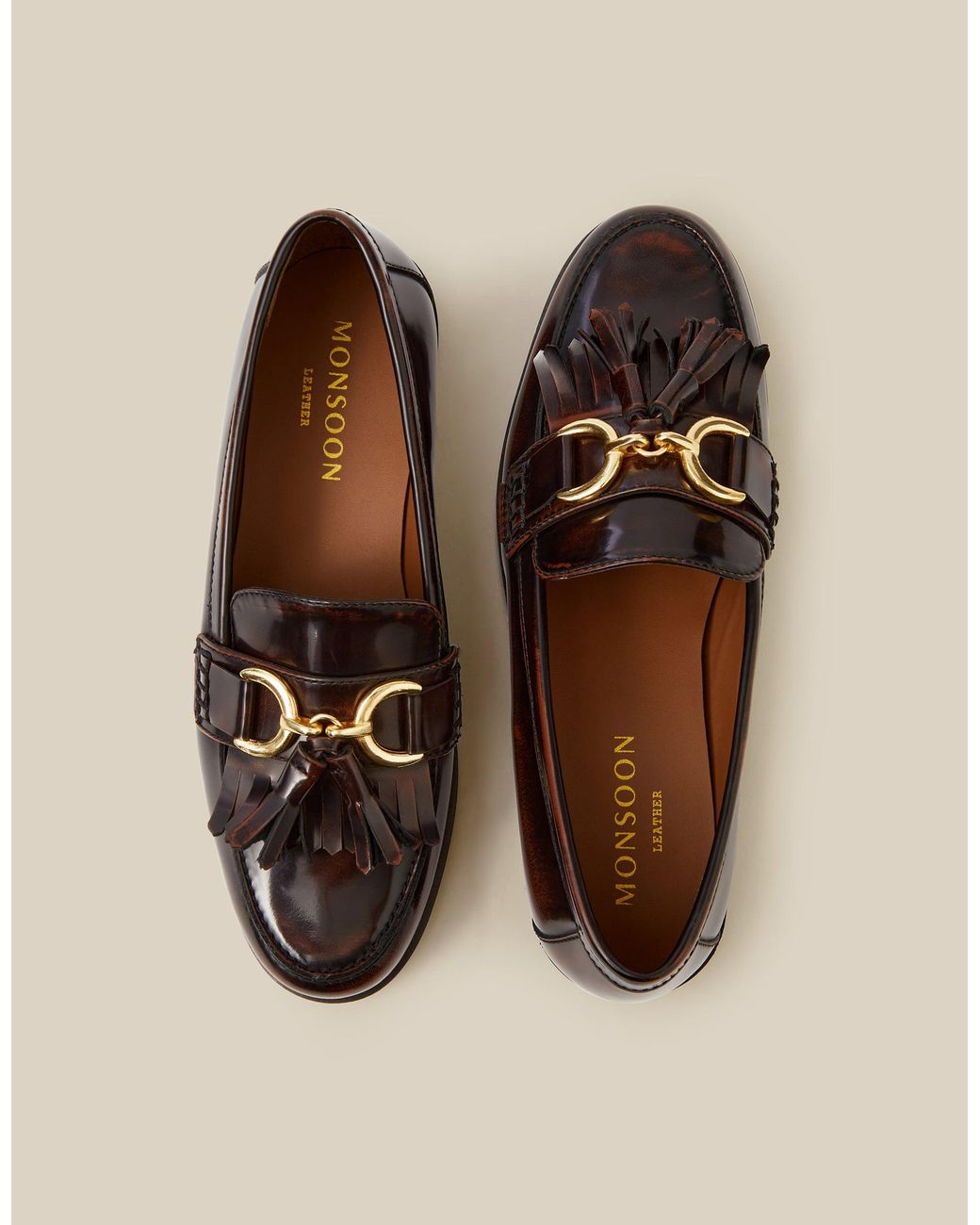 Monsoon Harley Fringe Patent Loafers Brown