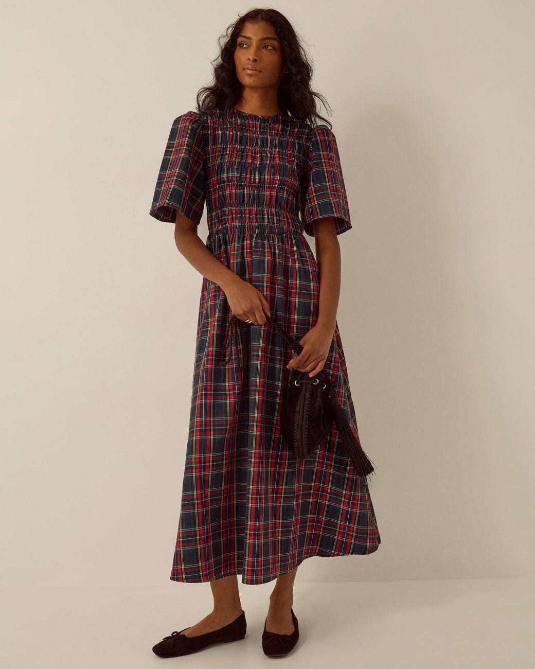 Monsoon Brown Dottie Short Sleeve Smocked Tartan Midi Dress Red