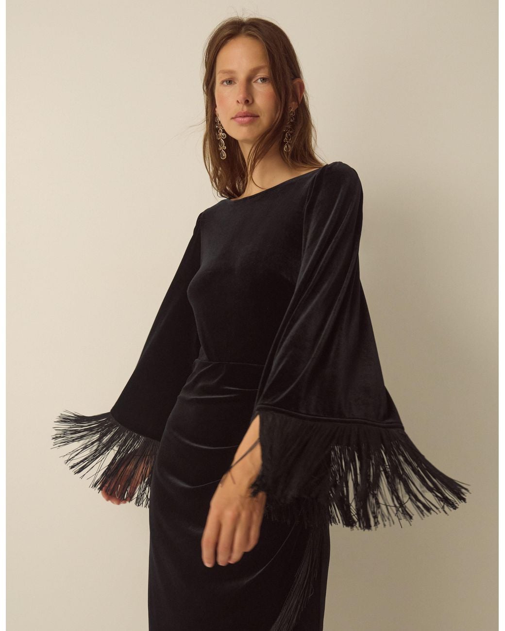 Monsoon Tara Long Sleeve Fringe Velvet Midi Dress Black