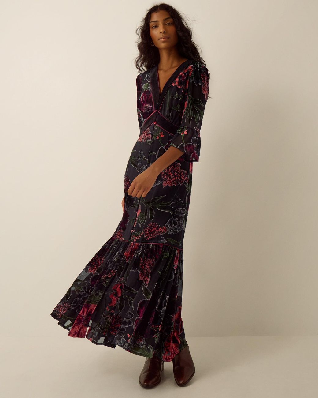 Monsoon Brown Anya Floral Devoré Maxi Dress Red