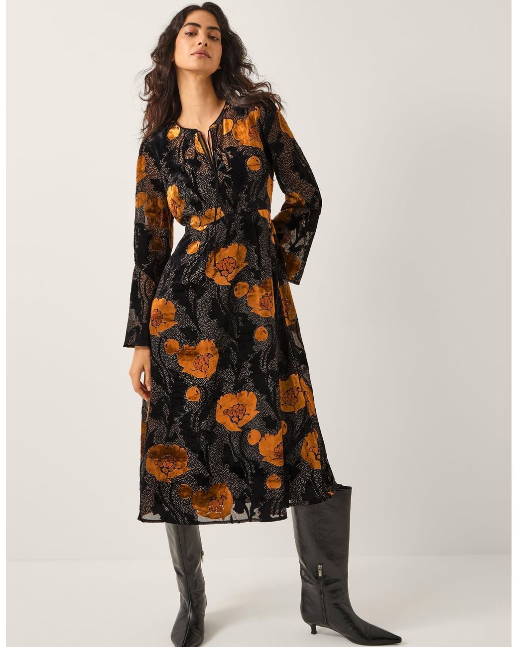 Monsoon Women's Black & Brown Luxurious Reese Devore Polka Dot Midi Dress, Size: 18