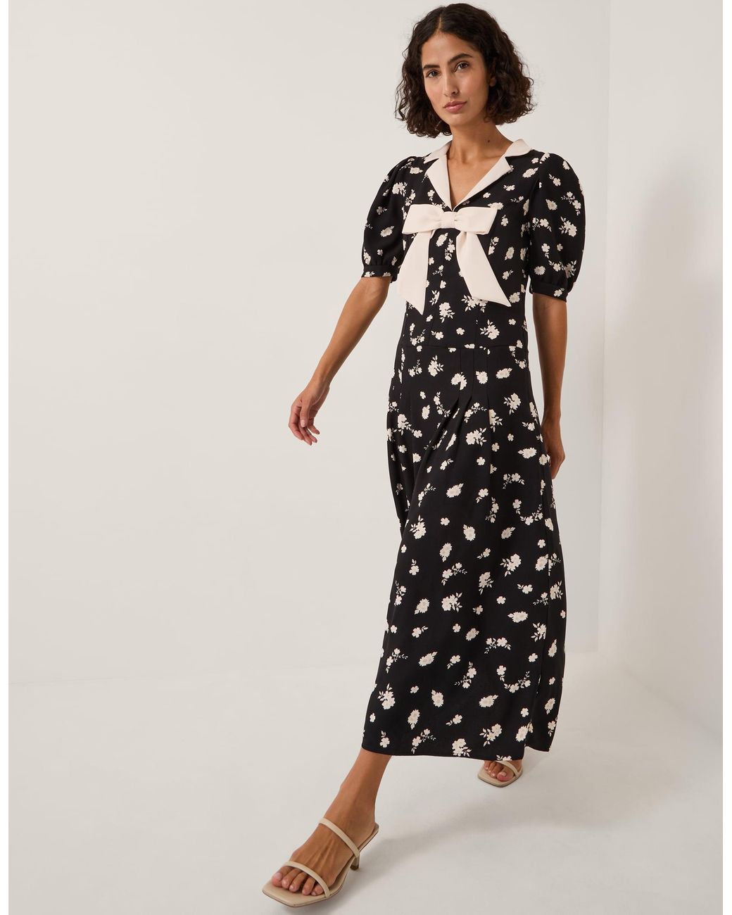 Monsoon Black Mabli Floral Bow Midi Tea Dress