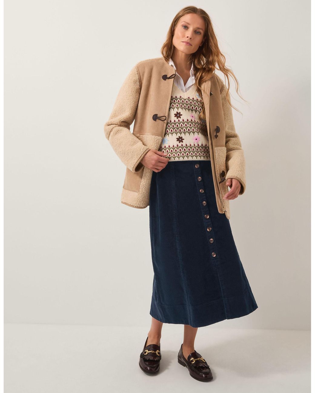 Monsoon Blue Jamie Button Corduroy Midi Skirt
