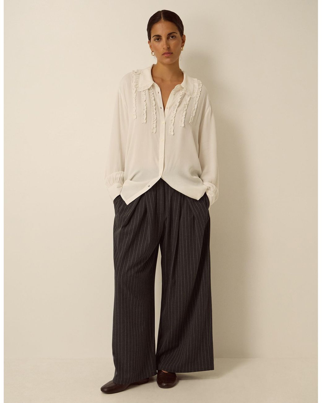 Monsoon Natural Ambar Pinstripe Wide Leg Trousers Grey