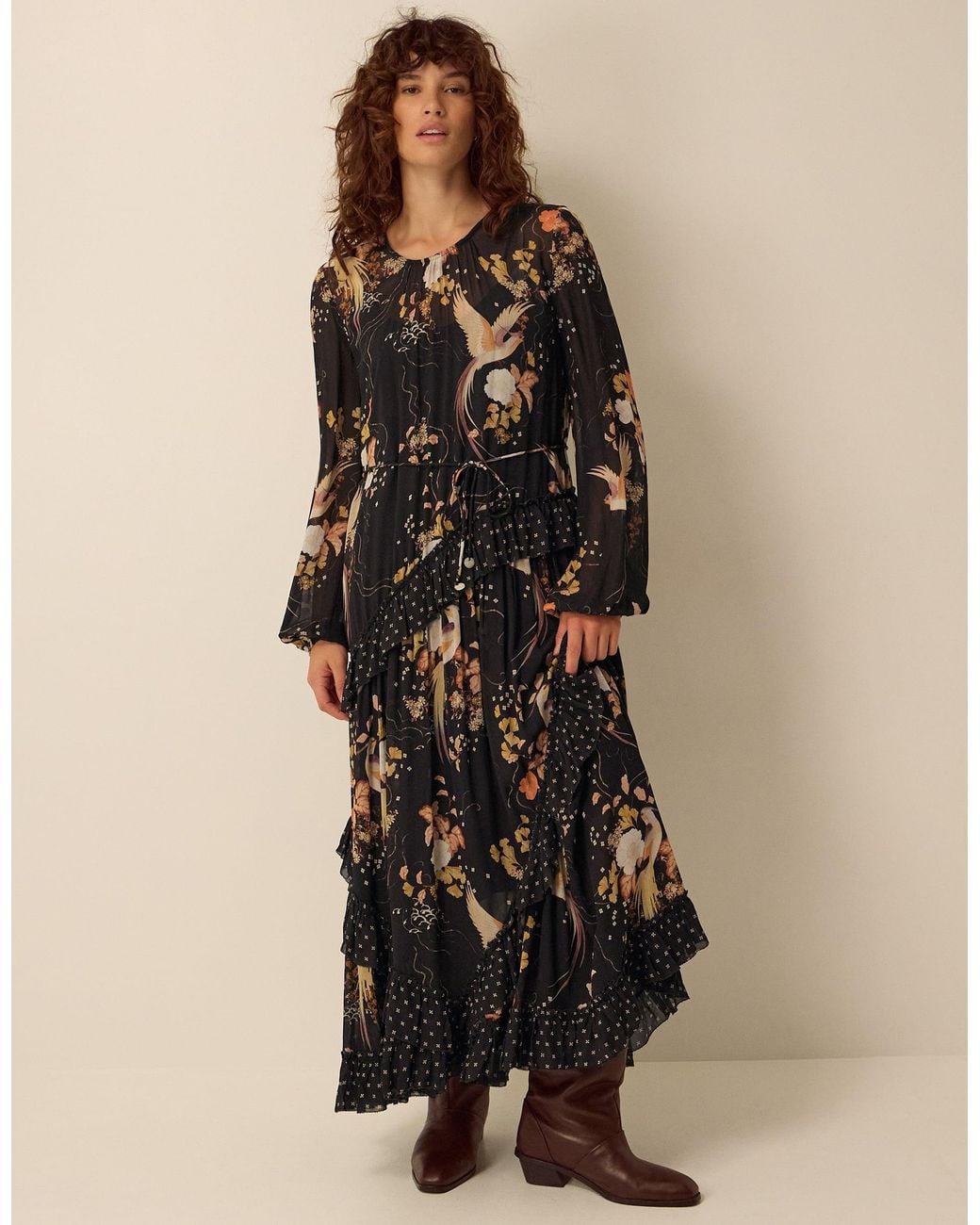 Monsoon Natural Clemence Margaux Long Sleeve Contrast Frill Floral Print Maxi Dress Black