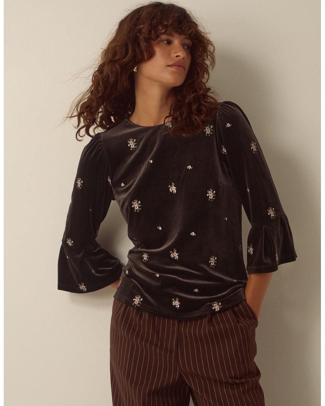 Monsoon Emilee Flute Sleeve Embroidered Velvet Top Brown