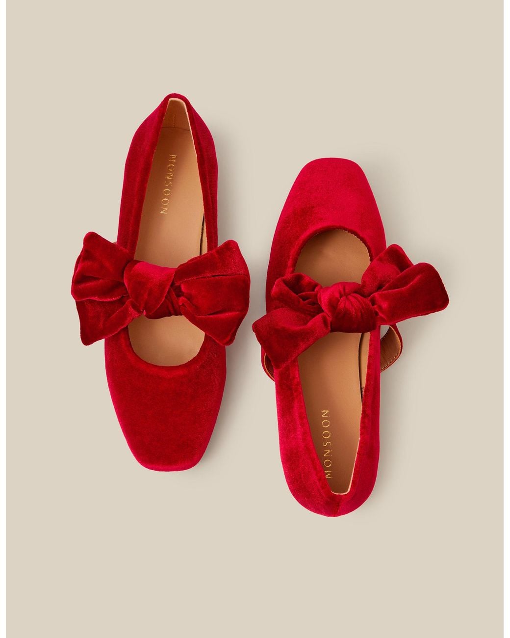 Monsoon Jolie Velvet Mary Jane Ballet Flats Red