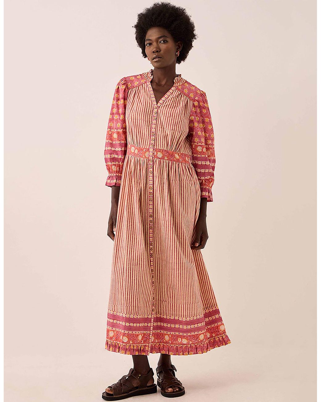 Monsoon East Devyn Hand Woodblock Cotton Dress Pink